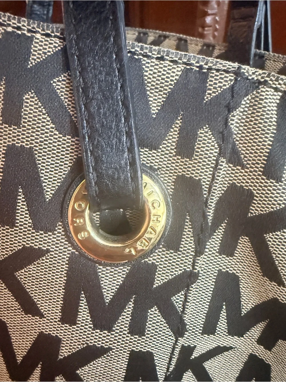 Michael Kors Jet Set Logo Tote canvas Beige & Brown MK Leather straps Good cond.